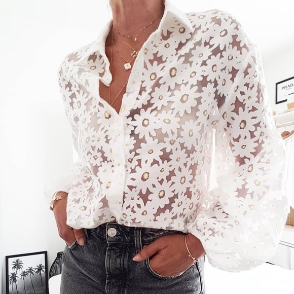 Free People Lace Blouse Transparent Top Tee Boho Sheer - Picture 8 of 12